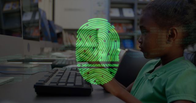 Young girl engaged in a cybersecurity lesson in a classroom; green fingerprint overlay symbolizes digital identity and security. Perfect for illustrating themes of technology education, digital awareness, and the importance of cybersecurity in schools.