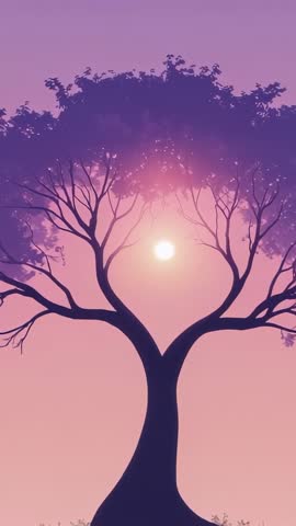 Vertical video showing split-trunk tree with rising light orb and sparkling pastel dawn