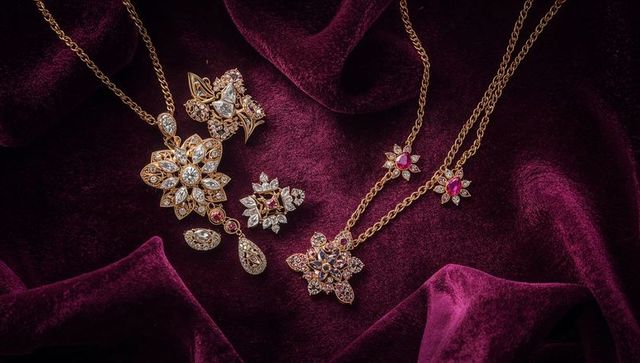 Vintage gold floral necklace and diamond brooches on burgundy velvet for luxury branding