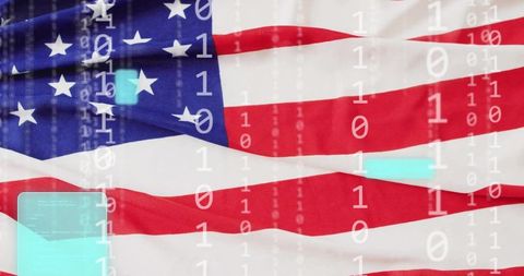 American flag with binary code overlay representing cybersecurity and digital patriotism