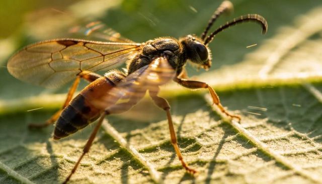 Wasp-like insect perching on leaf displaying veined wings and amber-banded abdomen