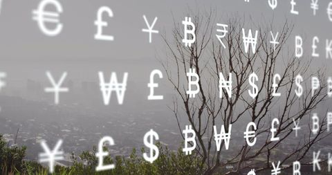 Global currency symbols overlaying urban cityscape