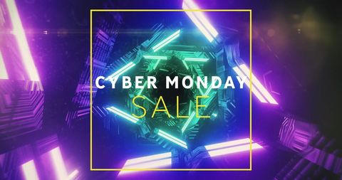 Cyber Monday Sale Announcement with Neon Geometric Background