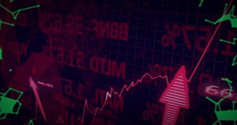 Neon Red Stock Market Uptrend Chart with Striped Arrows and Data Visualization