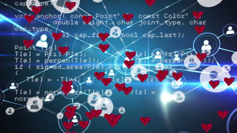 Digital Social Network with Red Hearts and Icons