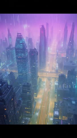 Capturing Neon Rainfall Over Futuristic Metropolis Vertical Aerial Skyline