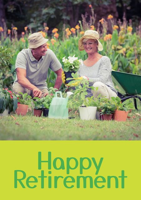 Elderly couple enjoying gardening together in lush green environment. Celebrating retirement with leisure activities. Ideal for illustrations related to aging, quality time, outdoor hobbies, and retirement greetings. Use for retirement cards, wellness campaigns, or lifestyle blogs.