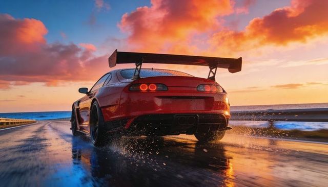 Roaring red sports coupe skimming wet coastal road at fiery sunset with rear wing