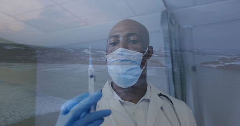 Mature Doctor Examining Syringe Wearing Mask and Gloves, Double Exposure Medical Concept