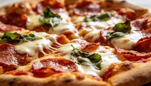 Pepperoni pizza bubbling with melting mozzarella and fresh basil on rustic golden crust