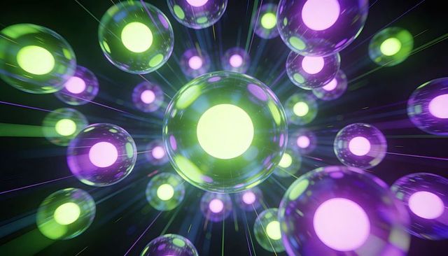 Pulsing neon orbs radiating energy and motion, futuristic abstract tech background