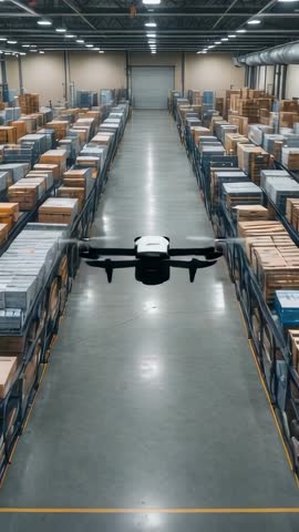 Flying drone navigating warehouse aisles for automated inventory inspection vertical video