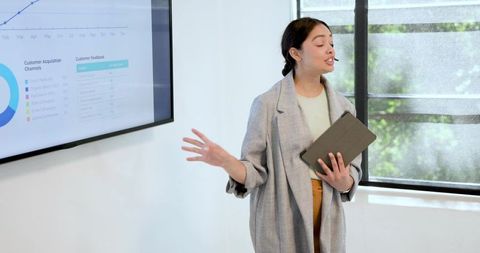 Business presenter gesturing with tablet delivering data-driven marketing presentation