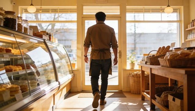 Baker walking toward sunlit door in rustic bakery with pastry case and bread baskets