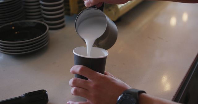 Barista Pouring Steamed Milk into Paper Coffee Cup - Download Free Stock Images Pikwizard.com