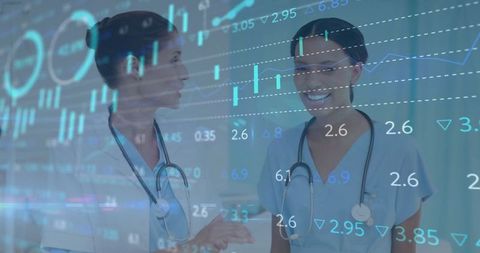 Medical professionals discussing healthcare data overlay