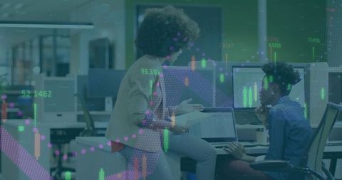 Businesswomen Data Analysis with Digital Finance Overlay