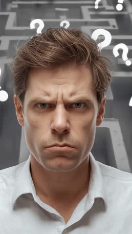 Man looking puzzled while drifting question marks over maze backdrop - vertical video
