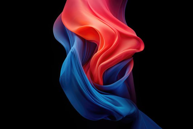 Close up of red and blue silk material on black background, created using generative ai technology. Fabric, texture and colour concept digitally generated image.