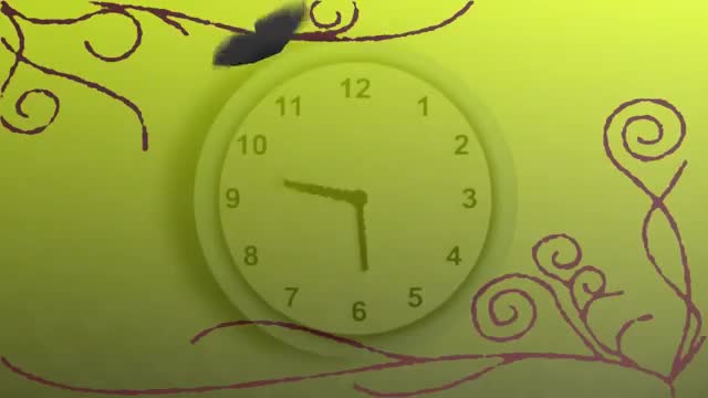 Animated illustration of a clock showing 6 o'clock, adorned with a butterfly and swirling vines on a vibrant yellow background. Suitable for time-related campaigns, nature-themed designs, animated storyboards, resource for teaching children about time, decorative background in creative projects, whimsical and lively motif for art displays.