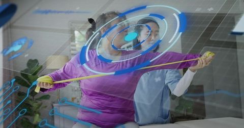 Augmented Reality Assisted Home Rehabilitation — Woman Using Resistance Band with Therapist
