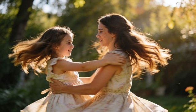 Mother and daughter twirling in sunlight wearing matching floral dresses, backlit joy