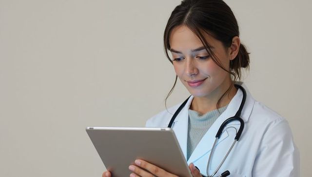 Female Doctor Using Tablet for Telemedicine Consultation Wearing Lab Coat and Stethoscope