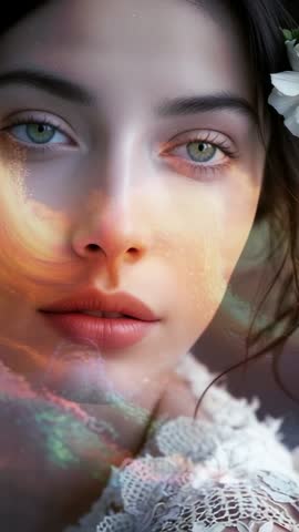 Vertical video projecting pastel light across woman blinking with white flower and lace