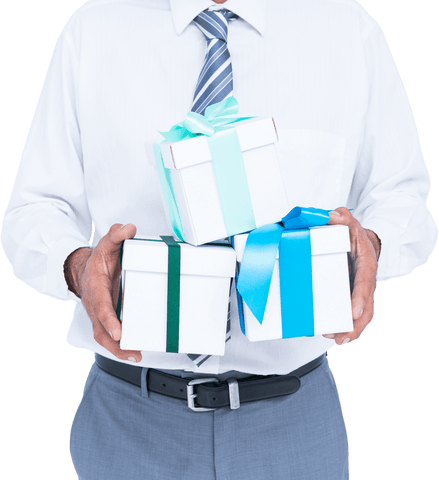 Businessman Holding Transparent Gift Boxes in Corporate Setting