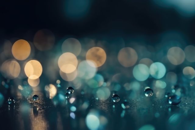 Abstract view of water droplets with a defocused bokeh background creates a sense of mystery and beauty. The contrasting colors and lights provide a visually stimulating effect. Ideal for use in design projects, wallpapers, backgrounds, and artistic materials requiring a dynamic, shimmering texture.