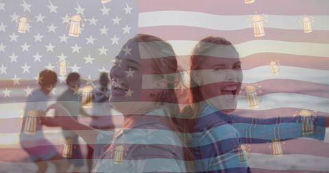 Friends Celebrating on Beach with USA Theme