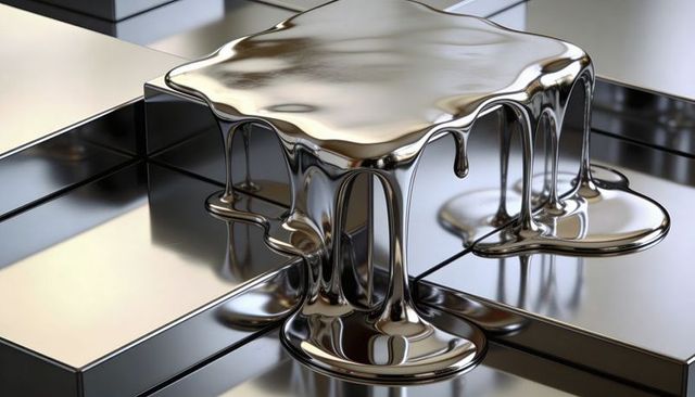 Molten chrome flow dripping over geometric metal blocks - reflective liquid sculpture