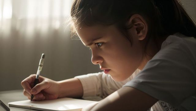 Focused schoolgirl writing in notebook by backlit window, studying with concentration