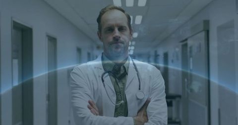 Confident Doctor Standing in Hospital Corridor with Futuristic Overlay