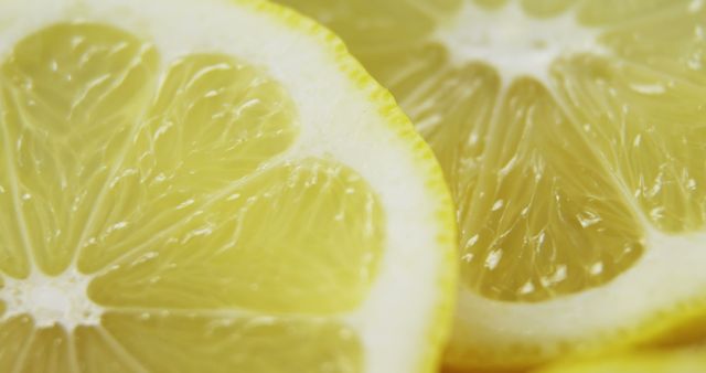Close-up view of fresh lemon slices showcasing their vibrant yellow color and juicy texture. This image can be used in articles about healthy eating, summer recipes, organic produce, or food photography.