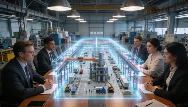 Executives reviewing holographic factory model for smart manufacturing and plant optimization