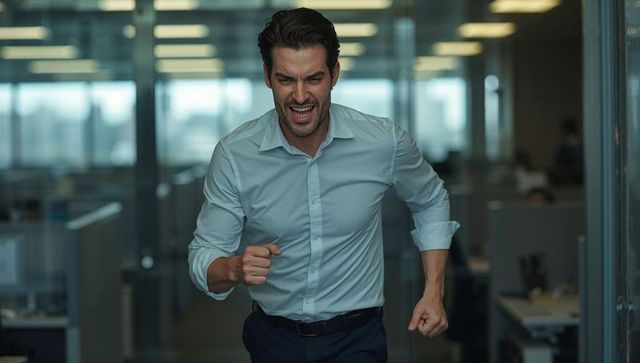 Businessman sprinting through modern office corridor radiating focus, determination, momentum