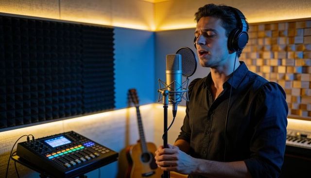 Male vocalist singing and recording in modern acoustic studio booth with condenser mic