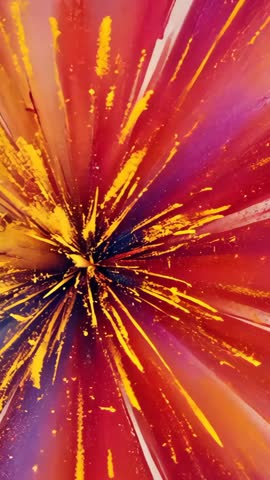 Vertical color burst radiating from central dot with rainbow streaks and paint splatter
