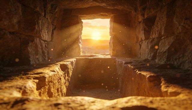 Golden sunrise streaming through rock-cut chamber entrance, framing carved stone bed