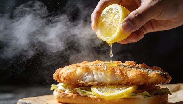 Crispy fried fish sandwich with lemon drizzle and rising steam, high-contrast close-up