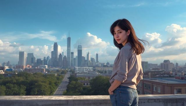 Young asian woman gazing over city skyline from rooftop ledge at golden hour