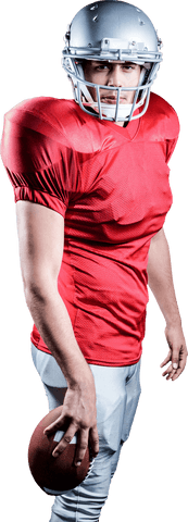 Transparent confident american football player holding ball in red jersey