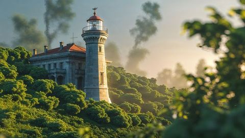 Majestic stone lighthouse with red dome near trieste, italy in misty nature capture