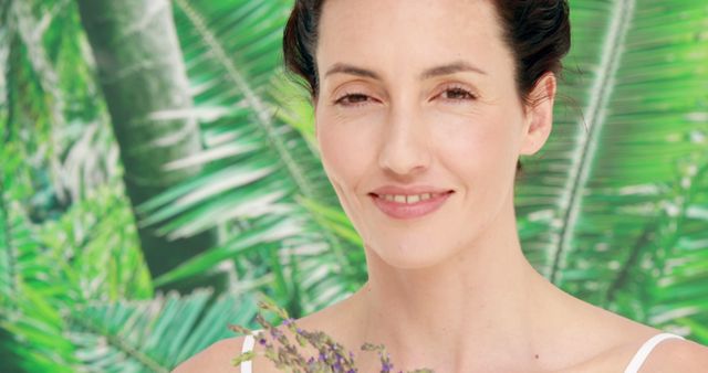 Woman is smiling and holding a bouquet of flowers against a backdrop of tropical greenery. Suitable for themes of natural beauty, happiness, and tranquility. Ideal for wellness, skincare, or eco-friendly product promotions, as well as travel and lifestyle content.