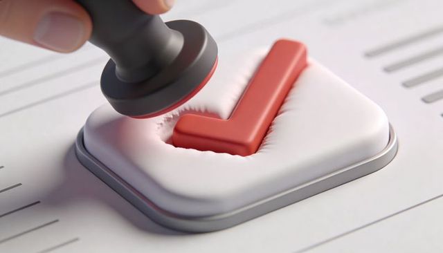 Hand pressing rubber stamp creating red check mark on document closeup for approval concept
