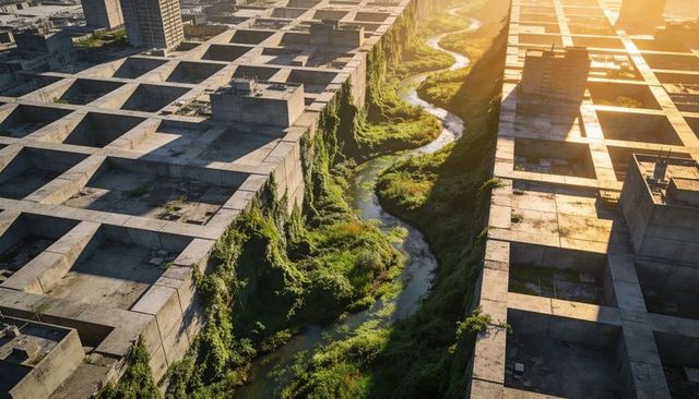 Meandering green river reclaiming abandoned concrete grid at urban edge in golden light