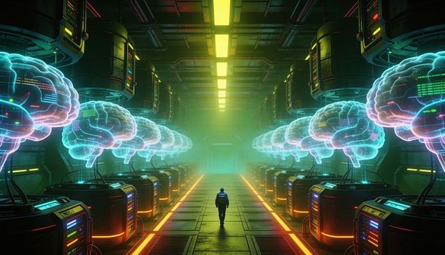 Technician walking through futuristic ai server corridor with holographic brain arrays
