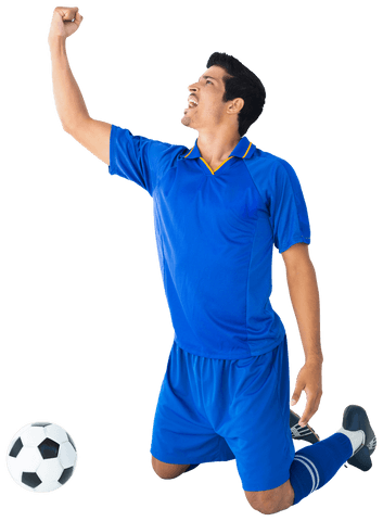 Biracial male footballer celebrating on transparent background