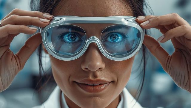 Innovative scientist adjusting safety goggles in high-tech lab